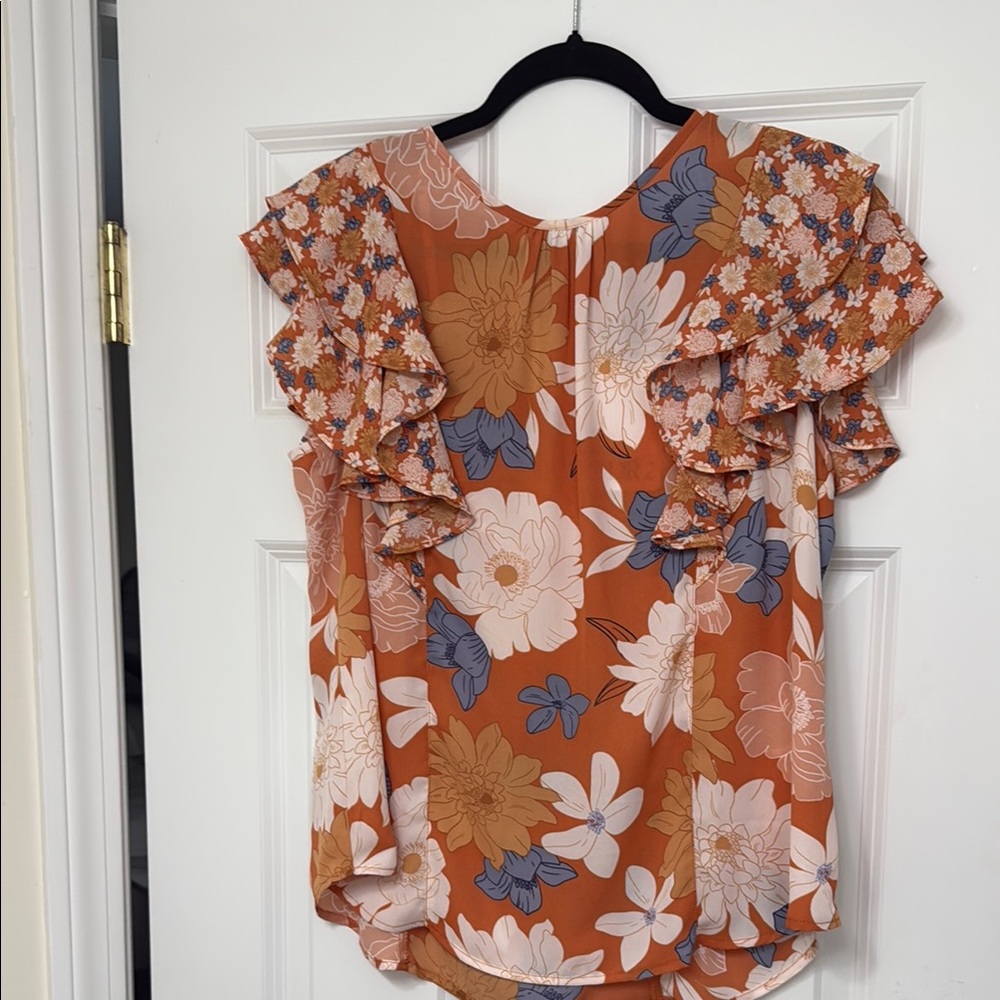 Floral Ruffle Sleeve Top - Orange and Blue